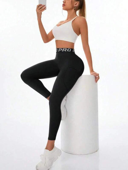 Letter Waist Hip Lift Pocket Yoga Leggings