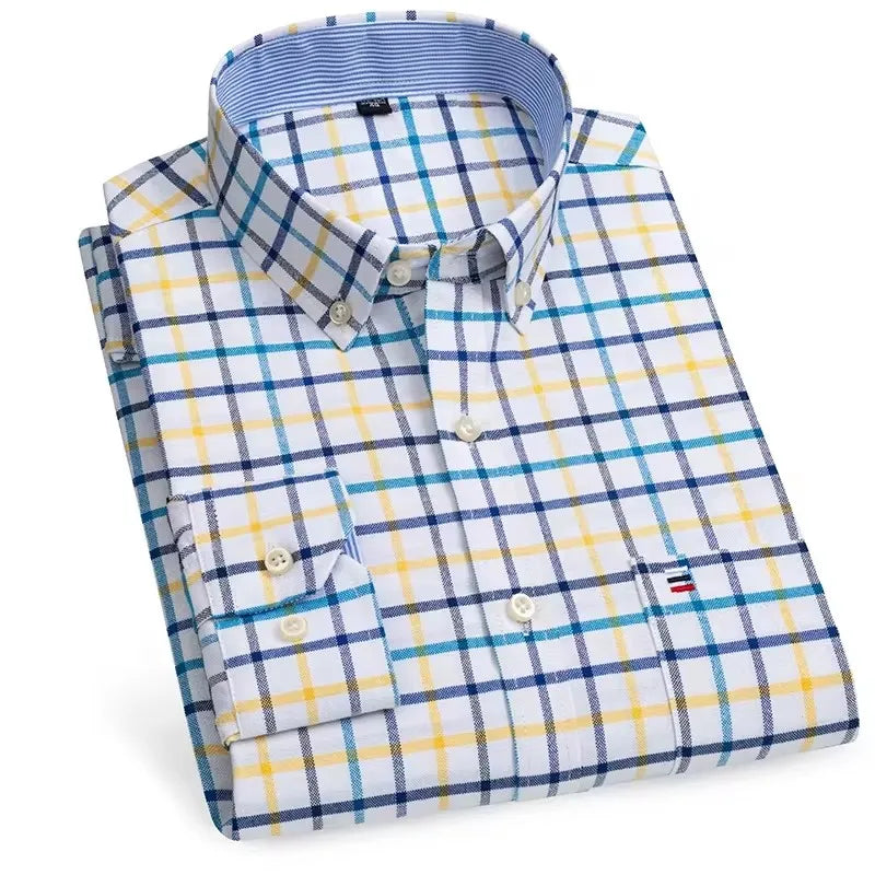 100% Pure Cotton Oxford Shirts for Men Long Sleeve Plaid Shirt Striped Male Business Checked Red Shirt Mans Designer Clothes 7XL