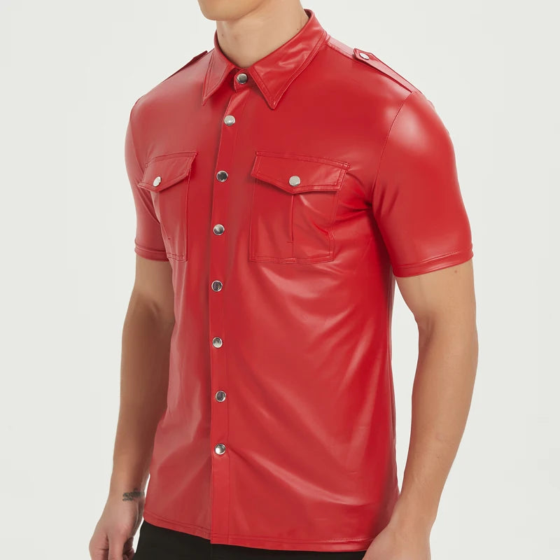 Men's PU leather shirts elastic short sleeve superior quality