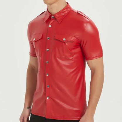 Men's PU leather shirts elastic short sleeve superior quality