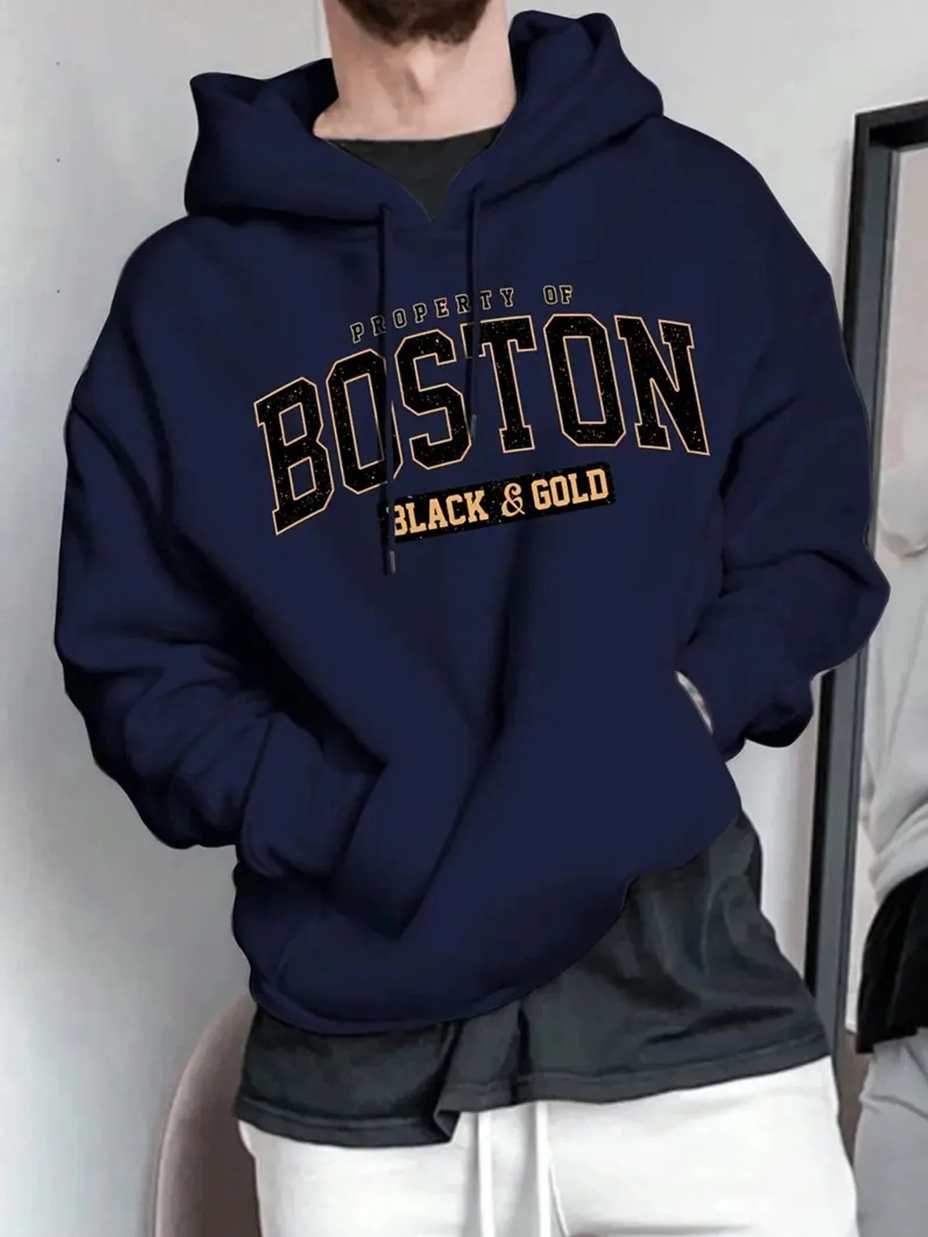 Men's Boston Letter Printed Fleece Warm Hood Adjustable Drawstring Comfortable Outdoor Use Autumn Winter Casual Fashion Hoodie