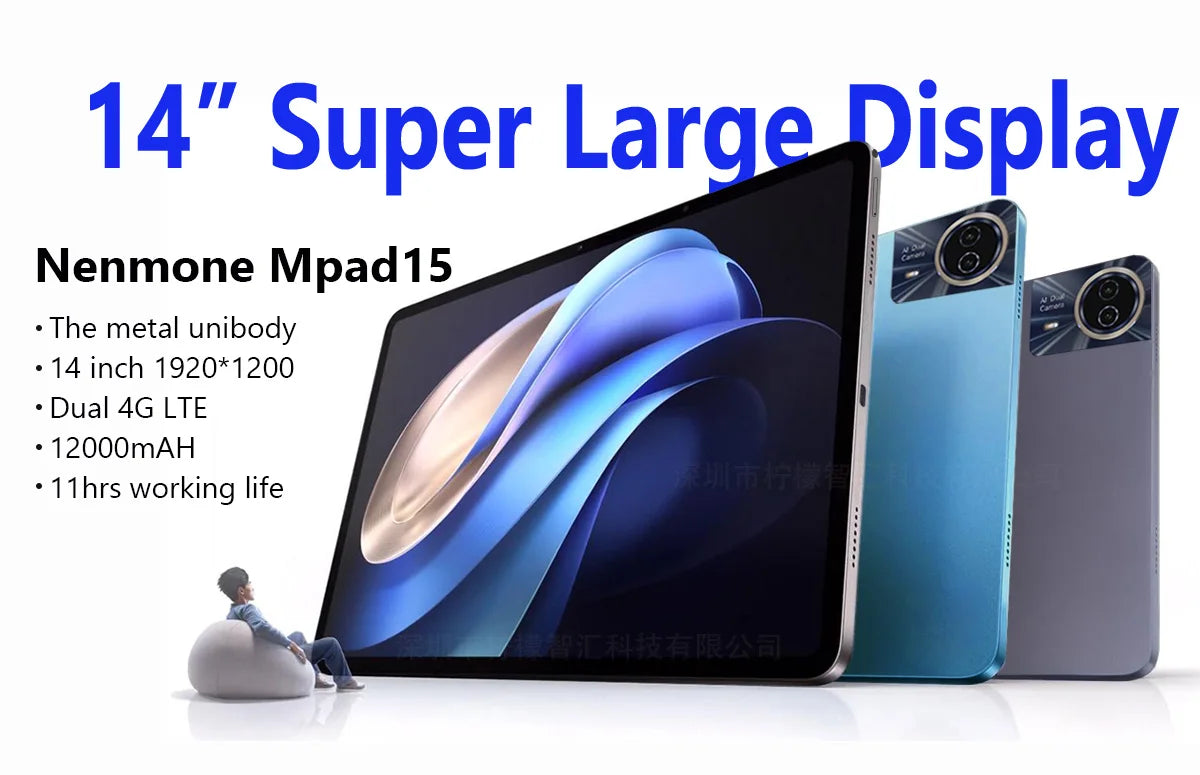 Mpad15 14 Inch Big Screen Android 15 Tablet PC 16gb+512GB Phone Call 5G WIFI Kids Pad tablet For Educational Online Class