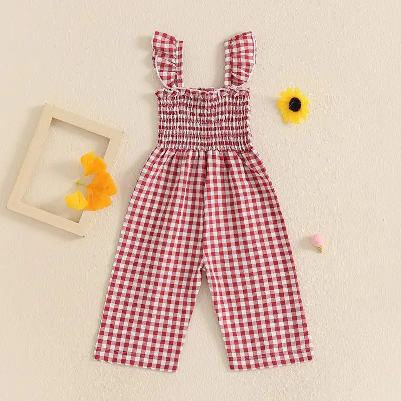 2025 Baby Girl Clothes Girl Cotton Overalls Ruffle Sleeve Strappy Gingham Checkered Romper Casual Loose Pants Outfit 0-4Y