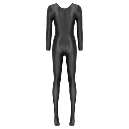 Women Oil Shiny Long Sleeve Pantyhose Jumpsuit Bodystocking Yoga Gymnastics Shapewear One-Piece Swimsuit Catsuit Glossy Bodysuit