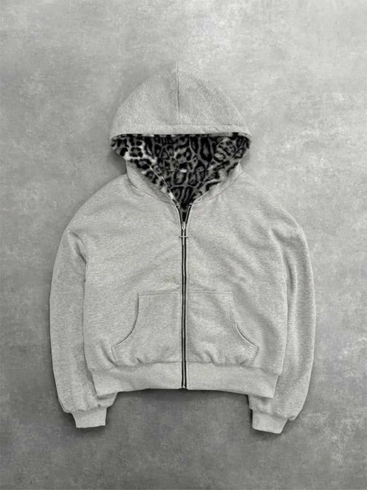 Autumn/Winter Leopard Grey Double sided Zipper Hoodie Men's Casual High Street Warmth Hoodie men's autumn clothing  2025 new