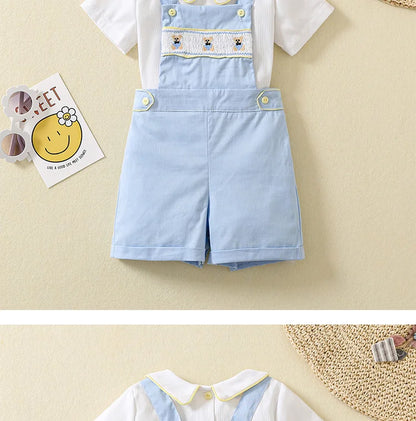Ins Handmade Baby Boys' Clothes New British Wind Cotton Short-sleeved Shirt Embroidered Bear Clothes Baby Boys Boutique Suits