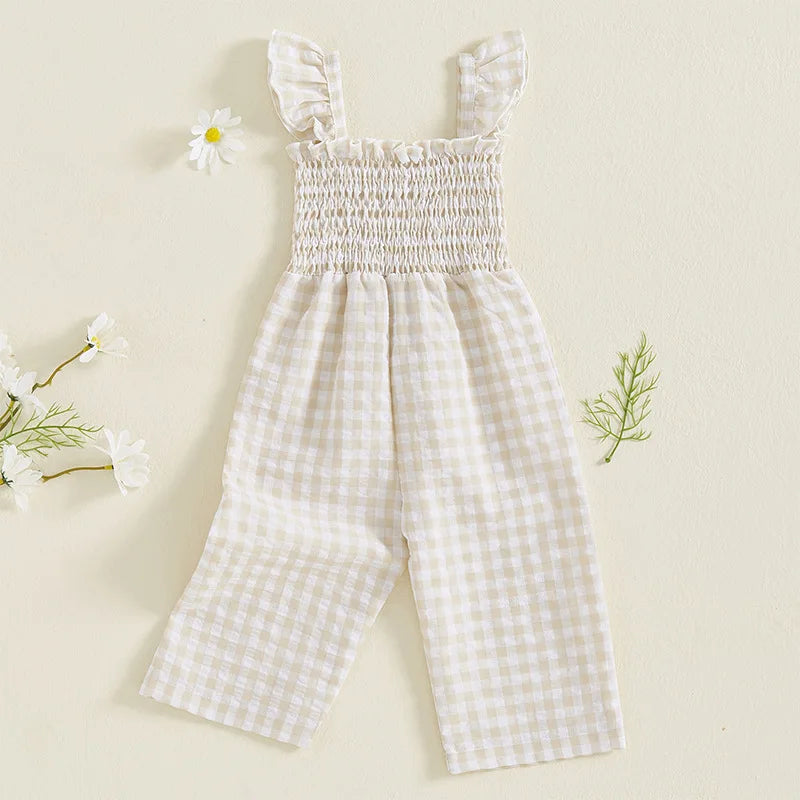 2025 Baby Girl Clothes Girl Cotton Overalls Ruffle Sleeve Strappy Gingham Checkered Romper Casual Loose Pants Outfit 0-4Y