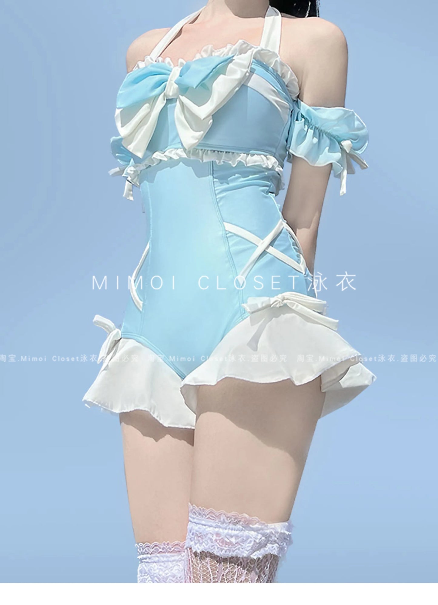 Japanese Lolita Girls Bow Cute Water Blue Swimsuit Hot Spring Bathing Swimwear Japanese Style Women One Peice Swimming Suit