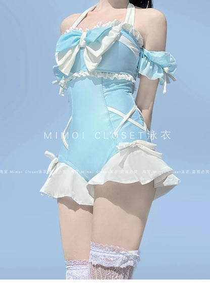 Japanese Lolita Girls Bow Cute Water Blue Swimsuit Hot Spring Bathing Swimwear Japanese Style Women One Peice Swimming Suit