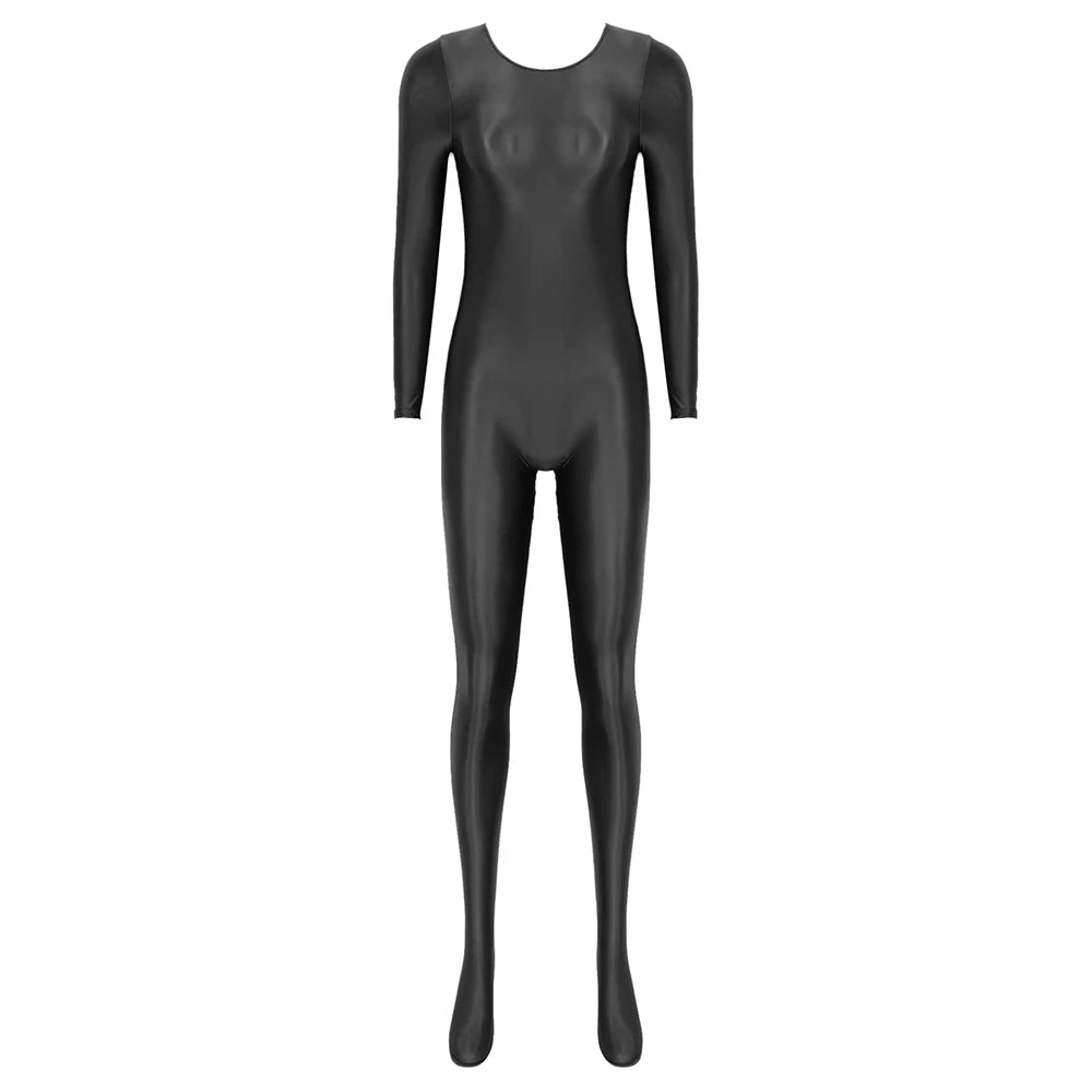 Women Oil Shiny Long Sleeve Pantyhose Jumpsuit Bodystocking Yoga Gymnastics Shapewear One-Piece Swimsuit Catsuit Glossy Bodysuit