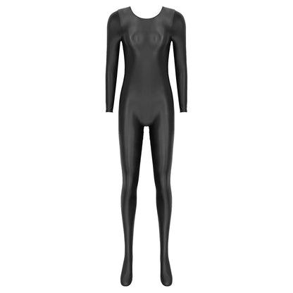 Women Oil Shiny Long Sleeve Pantyhose Jumpsuit Bodystocking Yoga Gymnastics Shapewear One-Piece Swimsuit Catsuit Glossy Bodysuit