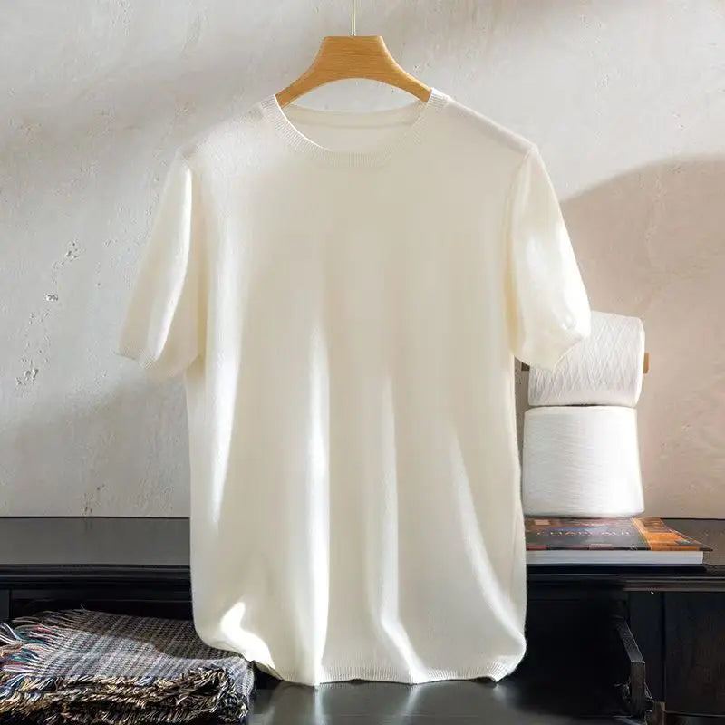 Superfine Merino Wool T Shirt Men's Knitted O-neck Breathable Thin Cashmer Short Sleeve Tee Solid Color  Men's Sweater Tops
