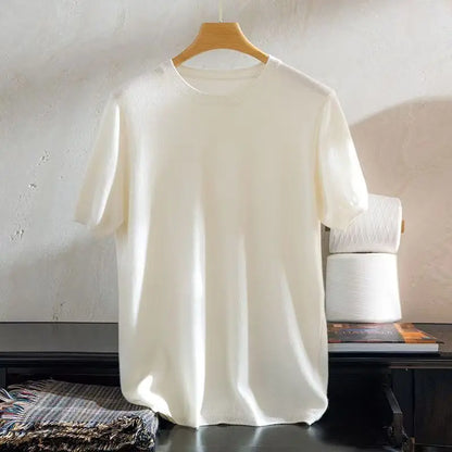 Superfine Merino Wool T Shirt Men's Knitted O-neck Breathable Thin Cashmer Short Sleeve Tee Solid Color  Men's Sweater Tops