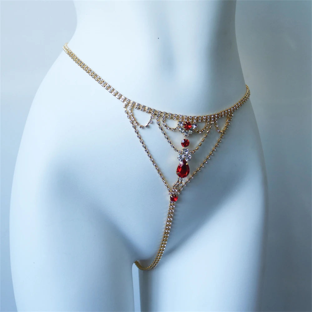 Europe America Ruby Red Mixed White Bikini Body Chain Trendy Summer Rhinestone Nail Pants Waist Chain Underwear Accessories