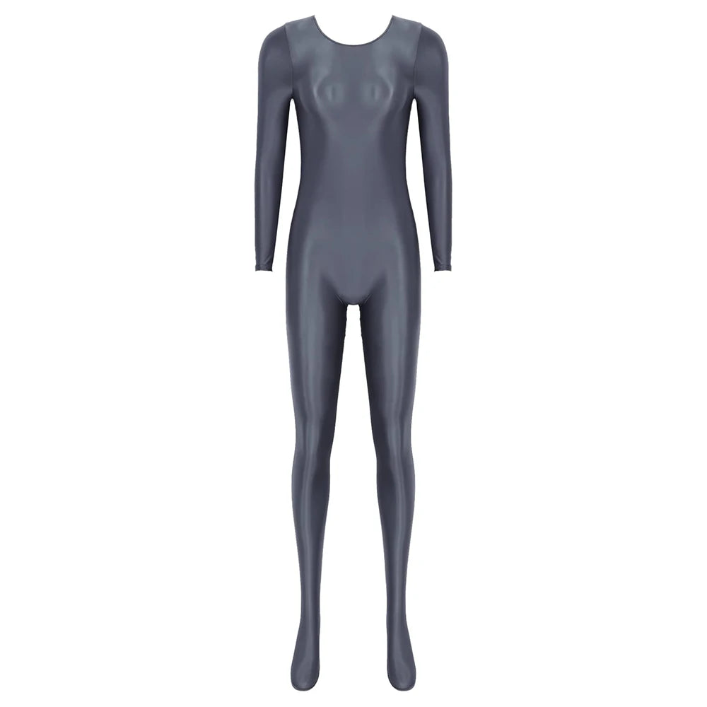 Women Oil Shiny Long Sleeve Pantyhose Jumpsuit Bodystocking Yoga Gymnastics Shapewear One-Piece Swimsuit Catsuit Glossy Bodysuit