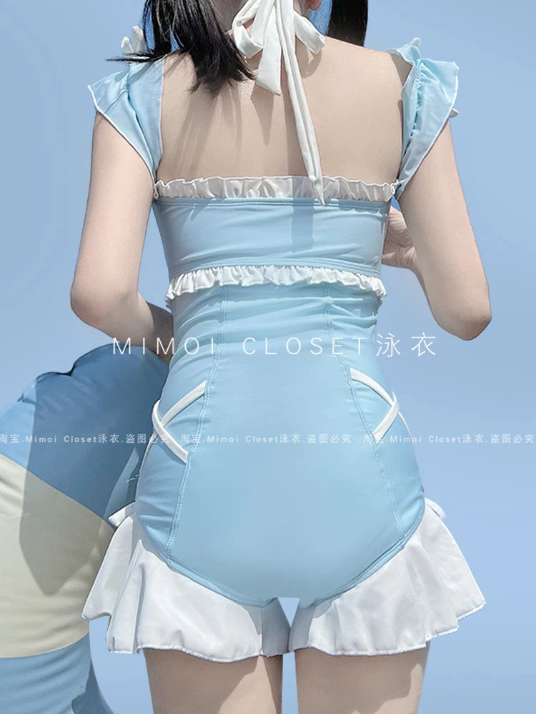Japanese Lolita Girls Bow Cute Water Blue Swimsuit Hot Spring Bathing Swimwear Japanese Style Women One Peice Swimming Suit