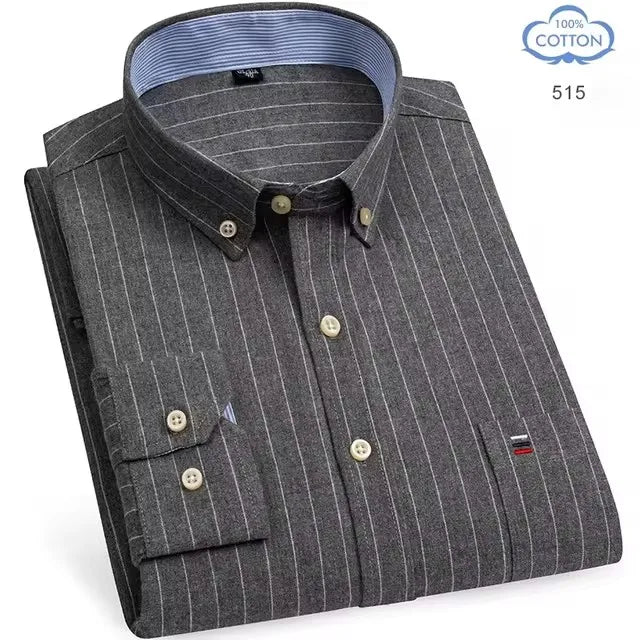 100% Pure Cotton Oxford Shirts for Men Long Sleeve Plaid Shirt Striped Male Business Checked Red Shirt Mans Designer Clothes 7XL