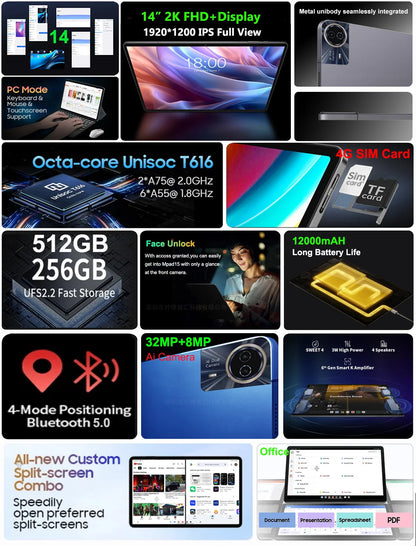 Mpad15 14 Inch Big Screen Android 15 Tablet PC 16gb+512GB Phone Call 5G WIFI Kids Pad tablet For Educational Online Class