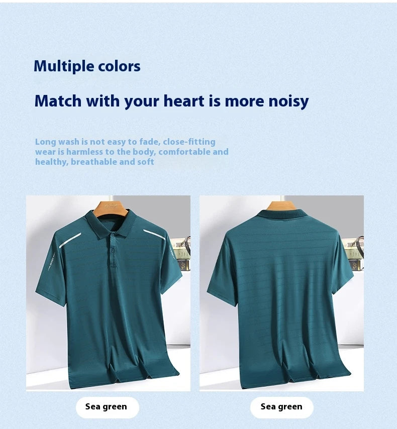 Summer Ice Silk Polo Top Short sleeved Polo Collar Quick Drying Sports Shirt Trendy and Fashionable Thin Breathable T-shirt