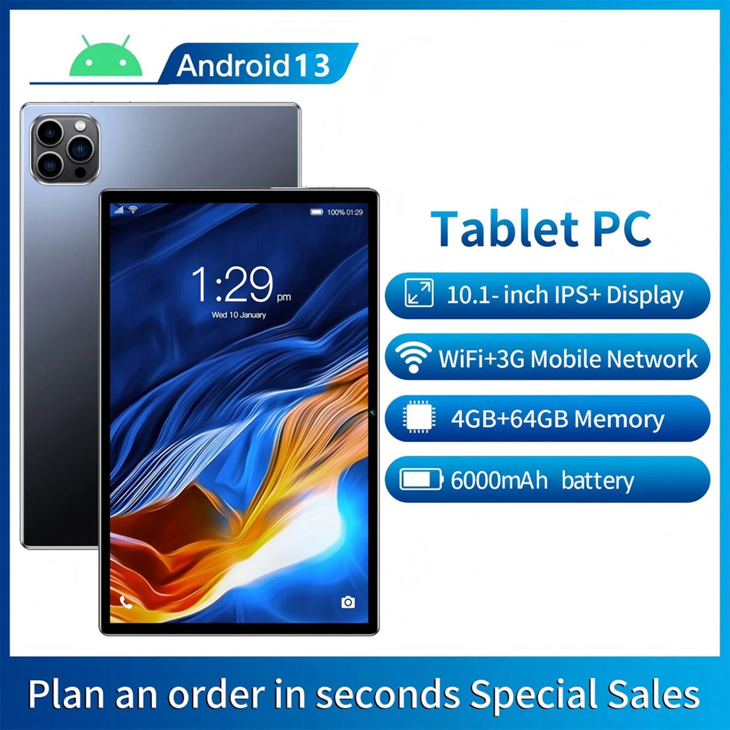 New Android 10.1 Inch Tablet Pc Octa Core 4GB RAM 64GB ROM WiFi Bluetooth Dual SIM 3G Phone Call Tablets 6000mAh Android 13.0