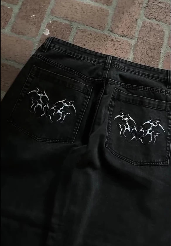 Gothic Halloween Scythe Grim Reaper Hip Hop Streetwear Jeans Men Women Retro Punk Print Traight Wide-leg Black Baggy Denim Pants