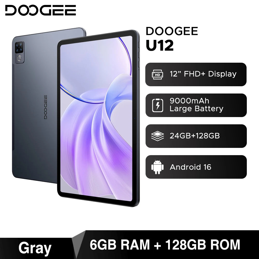 DOOGEE U12 Tablet PC Android 16 Gemini AI 12'' FHD+ Screen 24GB RAM 128GB 9000mAh Large Battery 7.8mm Ultra-thin Smart Pad