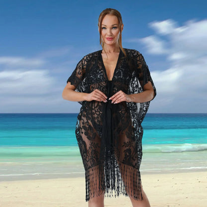 Women Swimsuit Cover Up Bead binding Light weight shawl Beach sarong Floral Lace Kimono Bikini Swim Sunshade Dress Travel