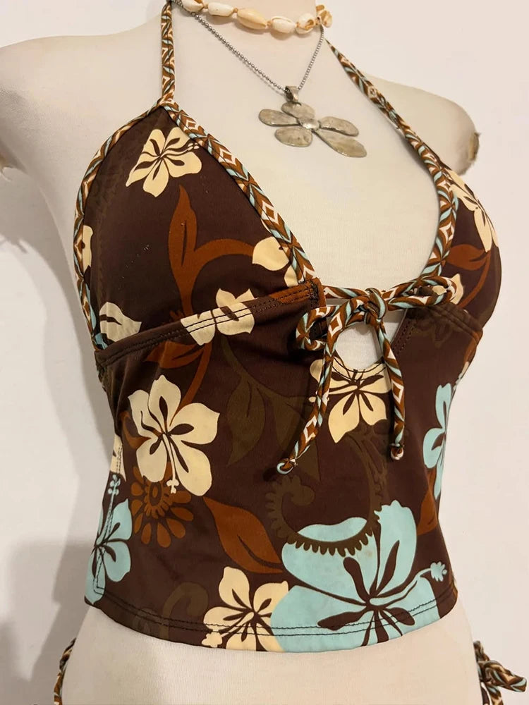 Floral retro pattern beach casual style spice bikini 2026 spring and summer new personality fashion girl sexy two-piece suit
