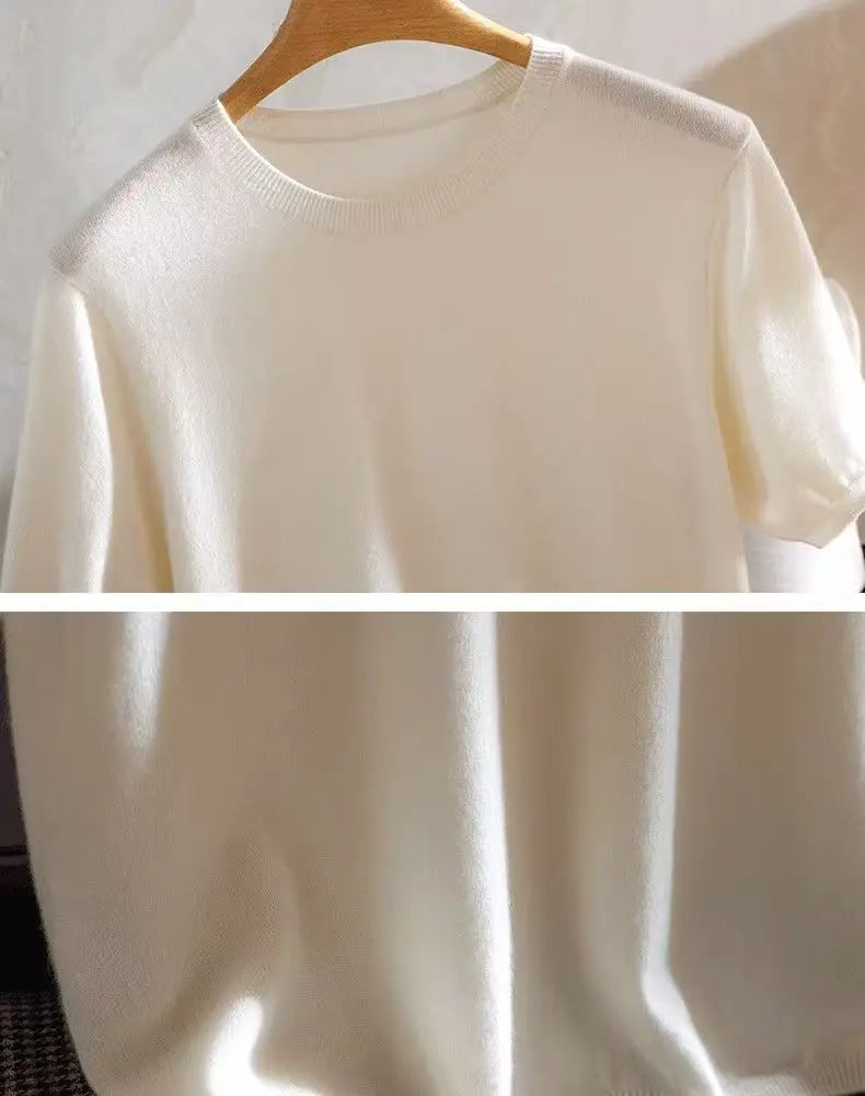 Superfine Merino Wool T Shirt Men's Knitted O-neck Breathable Thin Cashmer Short Sleeve Tee Solid Color  Men's Sweater Tops