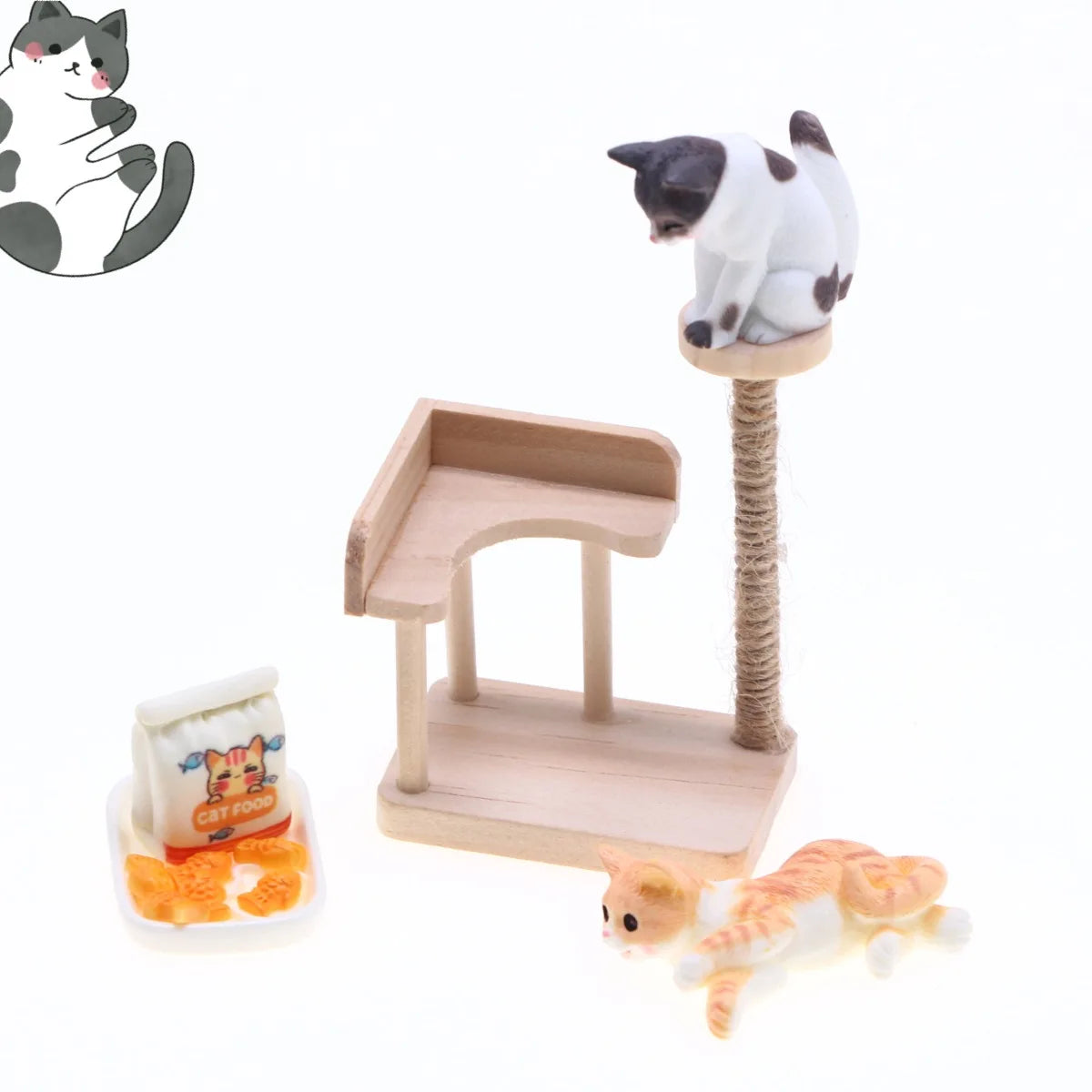 Dollhouse Miniature Wooden Cat Climbing Frame Has Jute Scratching Reversible Cat Tree Mini Resin Cat Food Model Furniture Decor