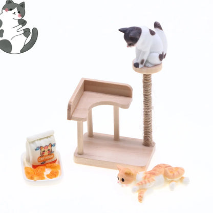 Dollhouse Miniature Wooden Cat Climbing Frame Has Jute Scratching Reversible Cat Tree Mini Resin Cat Food Model Furniture Decor
