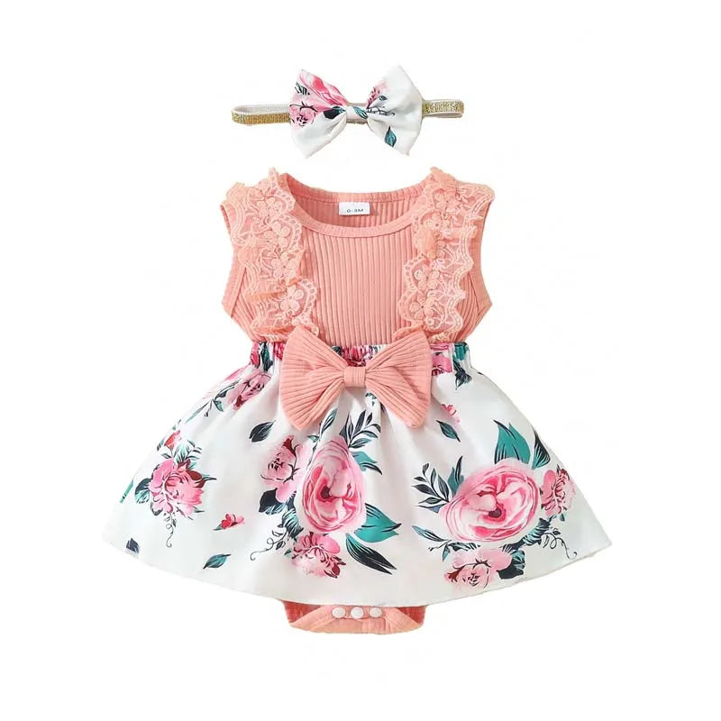 0-18 Months Infant Girl Summer Clothes Set Sleeveless Romper Dress + Headband Sweet Casual Baby Outfit
