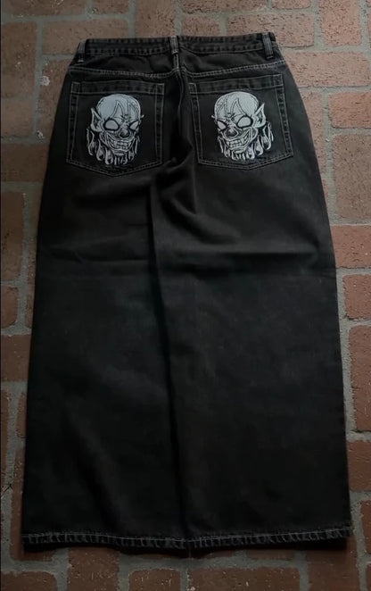 Gothic Halloween Scythe Grim Reaper Hip Hop Streetwear Jeans Men Women Retro Punk Print Traight Wide-leg Black Baggy Denim Pants