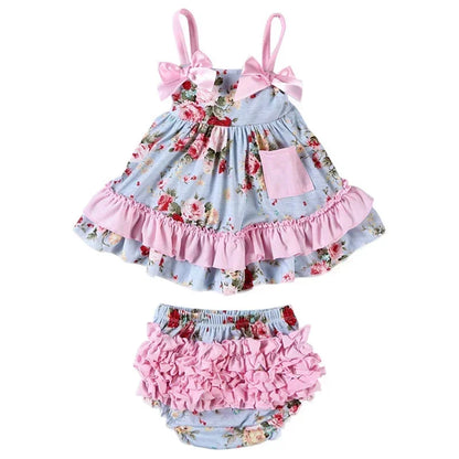 2025 New Born Baby Girl Clothes Baby Suit Overall Floral Clothes Set 3-24m Cotton Sleeveless Toddler Infant Ruffle Tops + Shorts