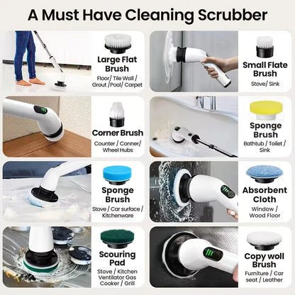 9-in-1 USB Rechargeable Electric Cleaning Brush Telescopic Handle 8 Brush Heads Multi-Surface Cleaner for Home Car