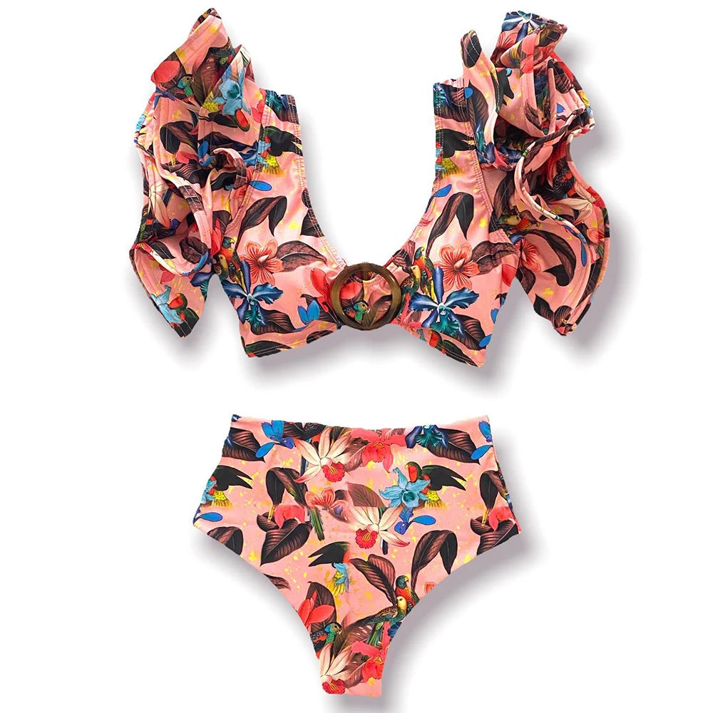 New Sexy Brazilian Bikini Set Ruffle Swimwear Women Push Up Swimsuit High Waist Print Floral Bathing Suit Biquini Female