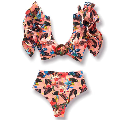 New Sexy Brazilian Bikini Set Ruffle Swimwear Women Push Up Swimsuit High Waist Print Floral Bathing Suit Biquini Female