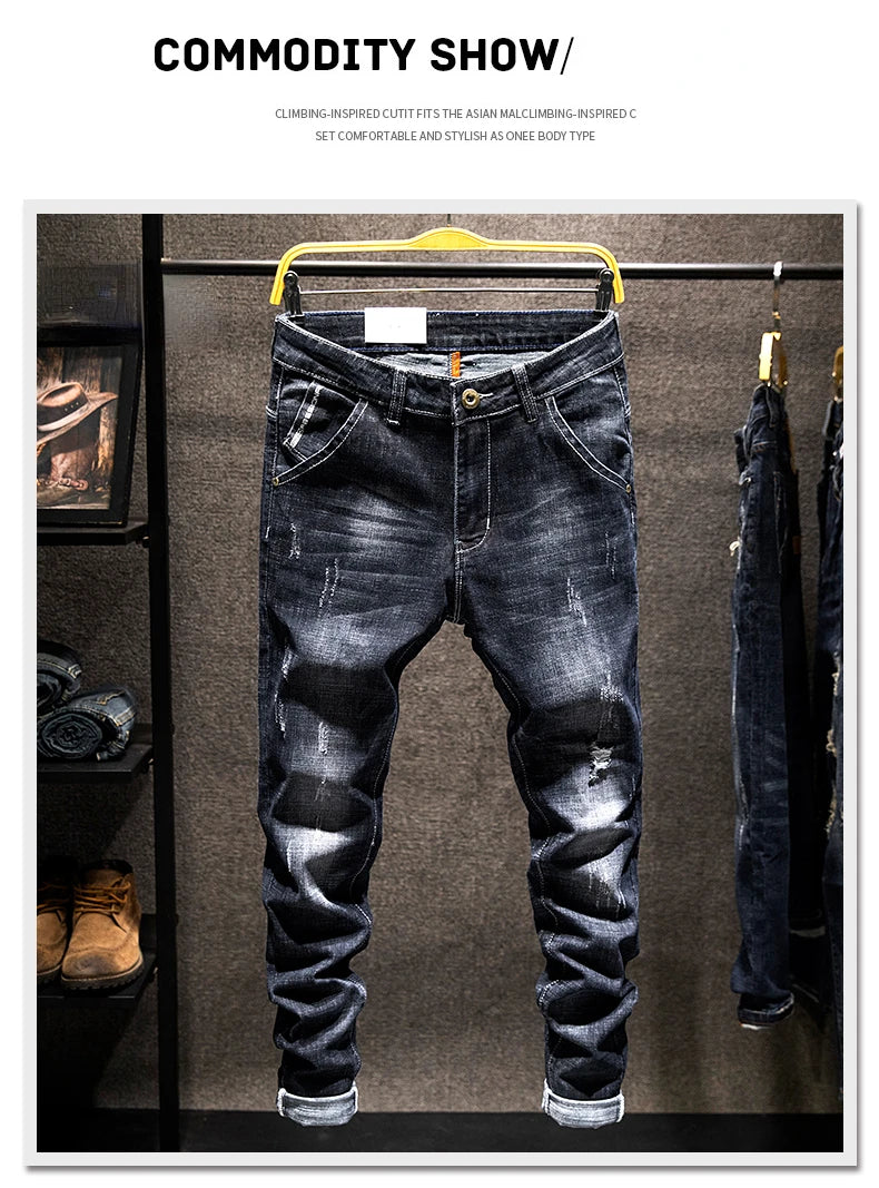 2025 Summer New Ripped Jeans Men Slim-fit Denim Pants Cotton Korean Style Fashion Men's Clothing Elasticity Versatile