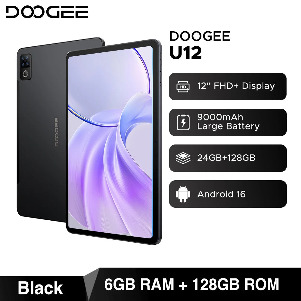DOOGEE U12 Tablet PC Android 16 Gemini AI 12'' FHD+ Screen 24GB RAM 128GB 9000mAh Large Battery 7.8mm Ultra-thin Smart Pad