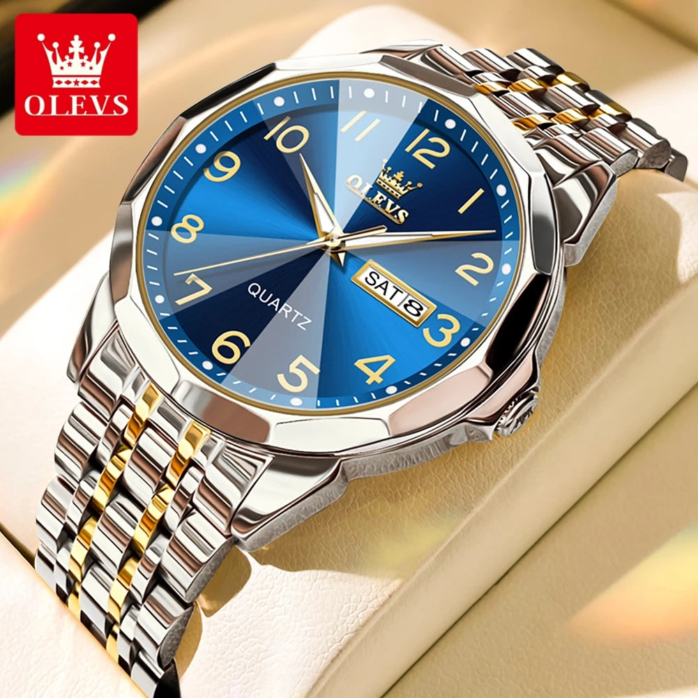OLEVS Men's Watches Luxury Fashion Fine Steel Strap Top Brand Original Quartz Wristwatch for Man Rhombus Mirror Waterproof Date
