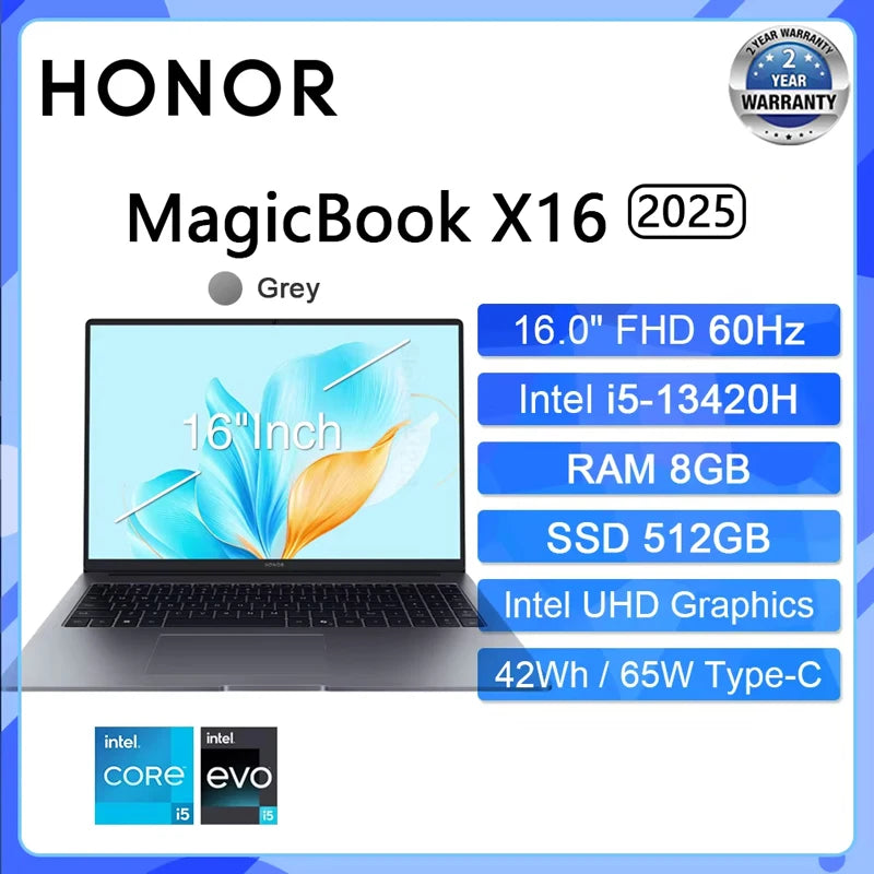 HONOR MagicBook X16 2025 Laptop Intel Core i5-13420H i7-13620H RAM 16GB SSD 512GB 1TB 16"Inch FHD Notebook Ultrabook Computer PC