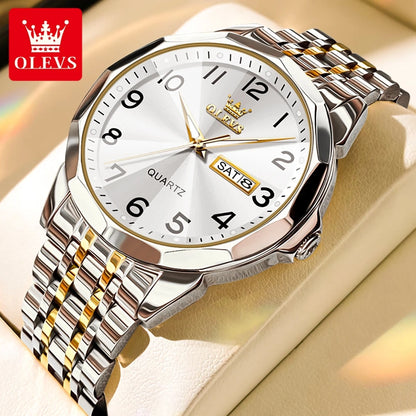 OLEVS Men's Watches Luxury Fashion Fine Steel Strap Top Brand Original Quartz Wristwatch for Man Rhombus Mirror Waterproof Date