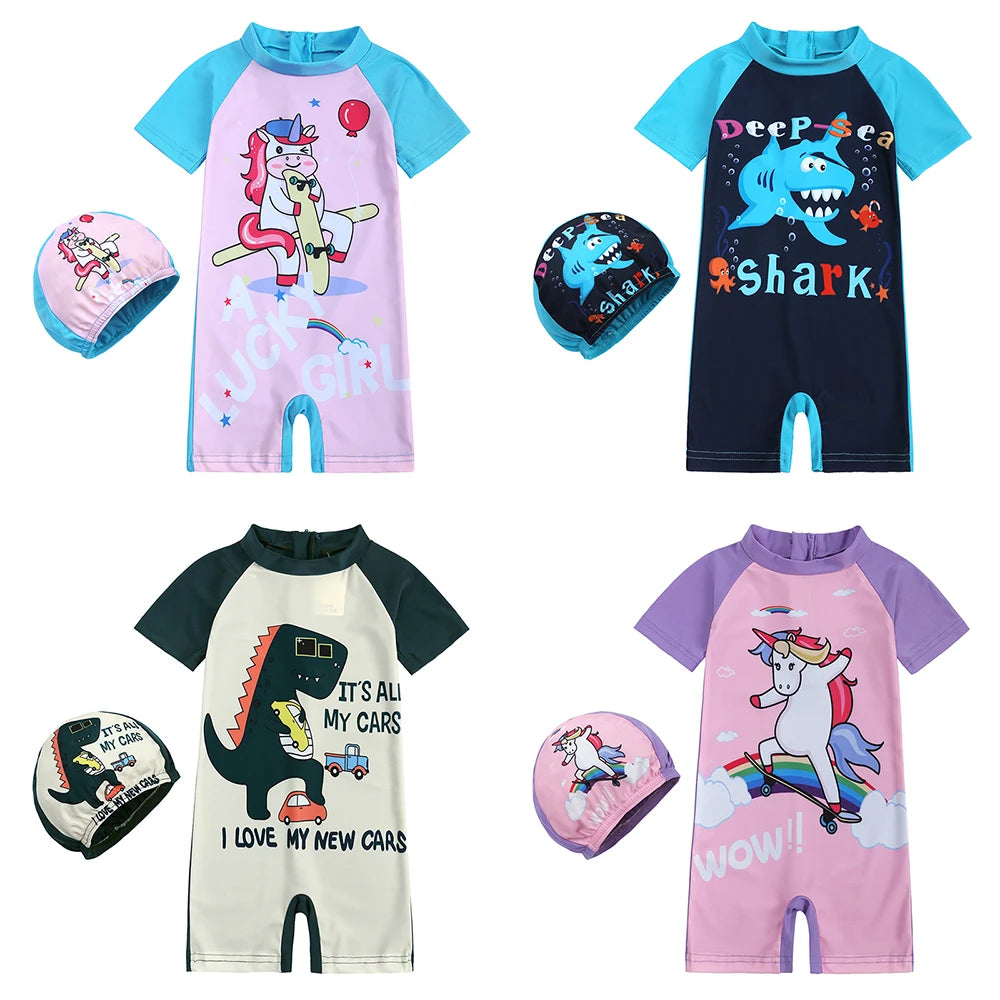 2025 Toddler Children Swimwear Suit Print UV Kids Boys Girls Summer Beach Clothes 2Pcs Cap+Bathing Swimming Diving Swimsuit