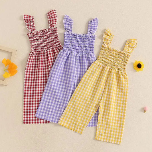 2025 Baby Girl Clothes Girl Cotton Overalls Ruffle Sleeve Strappy Gingham Checkered Romper Casual Loose Pants Outfit 0-4Y