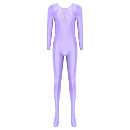 Women Oil Shiny Long Sleeve Pantyhose Jumpsuit Bodystocking Yoga Gymnastics Shapewear One-Piece Swimsuit Catsuit Glossy Bodysuit