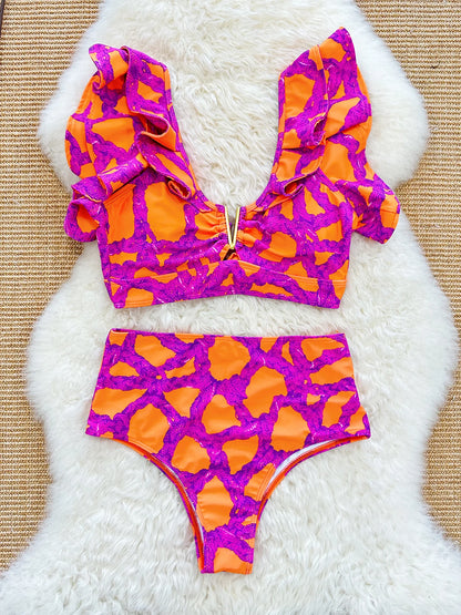 New Sexy Brazilian Bikini Set Ruffle Swimwear Women Push Up Swimsuit High Waist Print Floral Bathing Suit Biquini Female