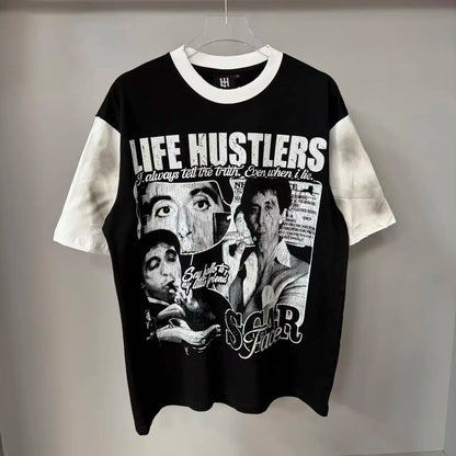 New fashion brand LIFE HUSTLERS Y2K hot stamping hole Men Women T-shirt Streetwear 100% Cotton Loose Round Neck Top Tees