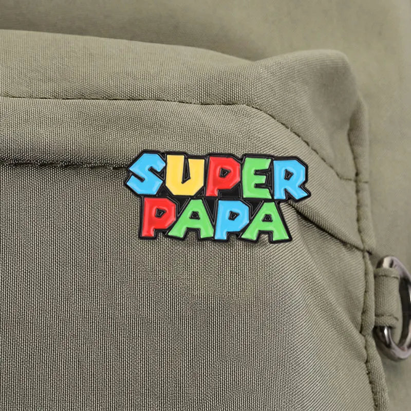 Super Papa Cartoon Enamel Pin Retro Video Game Colorful Block Letter Brooch Bag Lapel Badge Father's Day Jewelry Gift for Dad