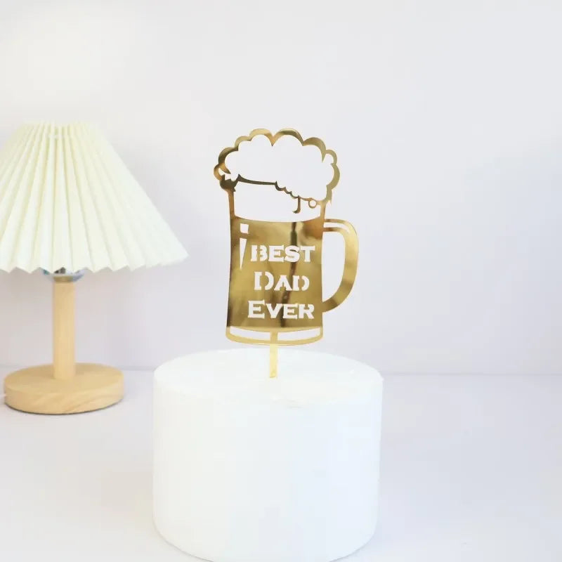 New Dad's Happy Birthday Cake Topper Golden Beer Super Dad High-grade Acrylic Father's Day Party Cake Toppers Dessert Decoration