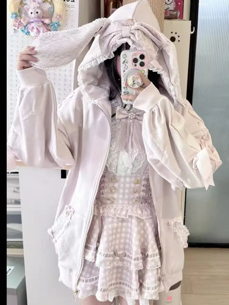 Cute Bunny Ear Lace Hooded Sweatshirt